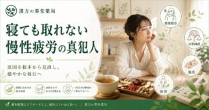 慢性疲労の真因（血流悪化・栄養不足）と漢方アプローチのイメージ