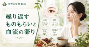 繰り返すものもらいの根本原因（血流の滞り）と体質改善のイメージ
