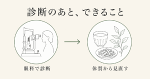 眼科で診断を受けたあと、漢方で体質から見直すという流れを示した図