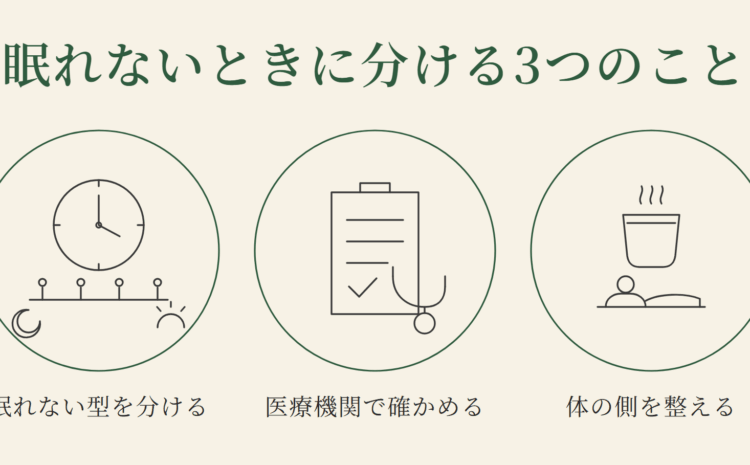 眠れないときに分ける3つのこと。眠れない型を分ける、医療機関で確かめる、体の側を整える