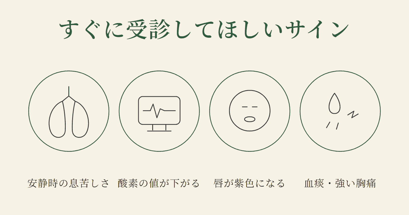 間質性肺炎ですぐに受診してほしいサイン:安静時の息苦しさ、酸素の値が下がる、唇が紫色になる、血痰・強い胸痛